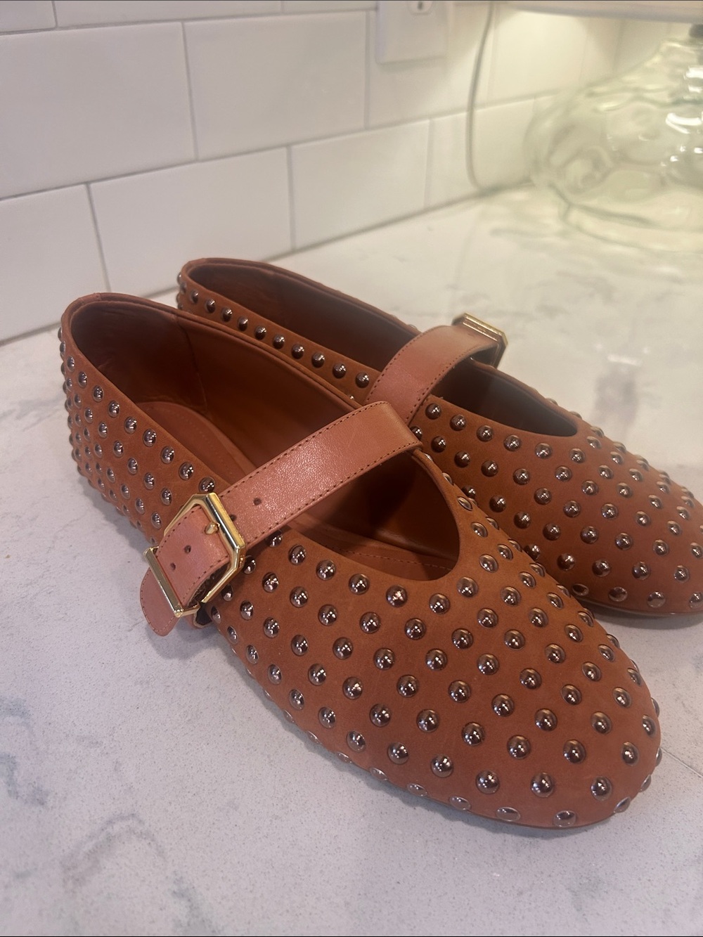 SCHUTZ Studded Mary Jane Flat in Cognac Brown
